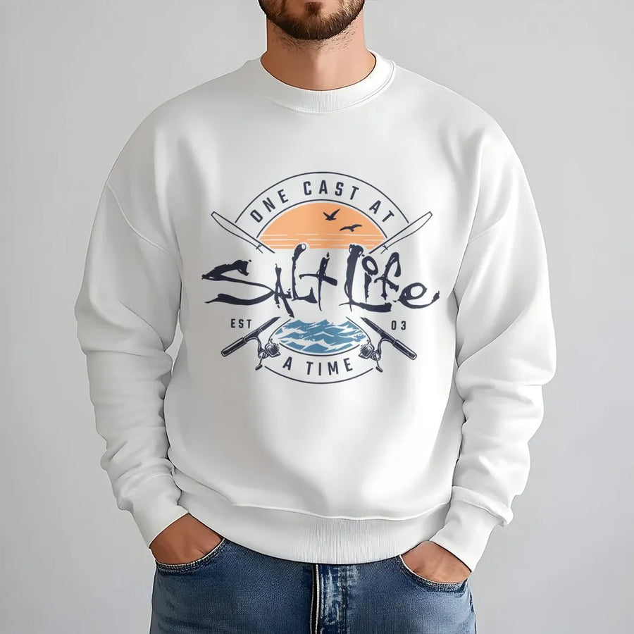 Fishing Graphic Sweatshirt | One Cast At A Time Coastal Design | Premium Cotton Blend | Gift For Anglers, Boaters & Ocean Lovers