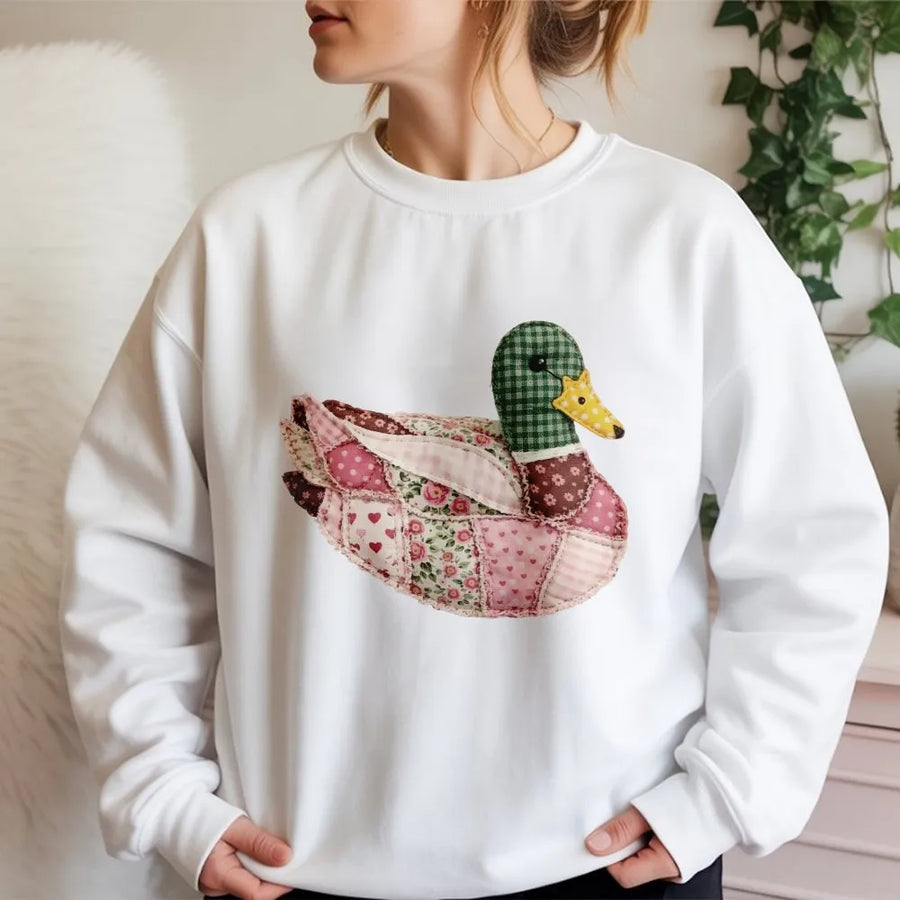 Quilted Mallard Duck Sweatshirt | Cottagecore Patchwork Bird Graphic | Premium Cotton Blend Crewneck | Gift for Bird Lovers & Nature Enthusiasts