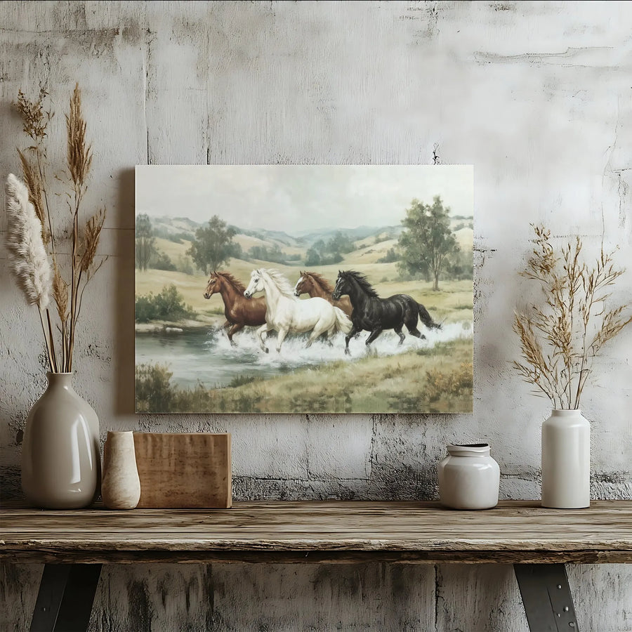 Four Horses Running Canvas Art | Majestic Equine River Landscape | Premium Gallery Wrap Print | Western Country Home Decor Gift