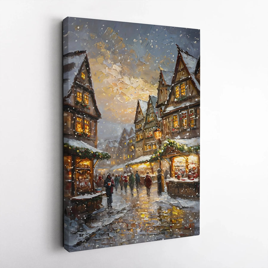 Winter Village Canvas Print | Impressionist Christmas Market Art | Gallery Wrap 1.25 Inch Profile | Festive Holiday Wall Decor