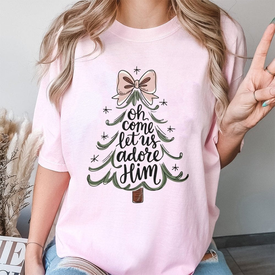 Oh Come Let Us Adore Him Christmas T-Shirt | Festive Tree Coquette Bow Graphic | Premium Soft Cotton Tee | Religious Holiday Gift for Her