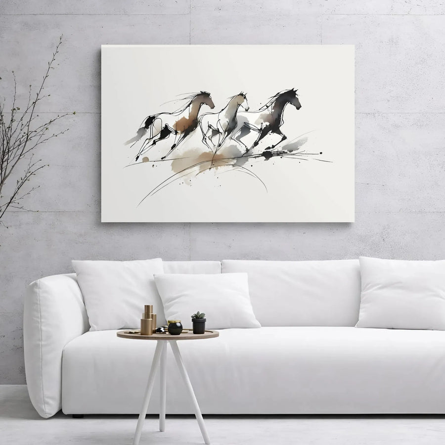 Three Running Horses Canvas Wall Art | Minimalist Ink Wash Abstract Print | 1.25" Premium Gallery Wrap | Modern Home Office Decor Gift