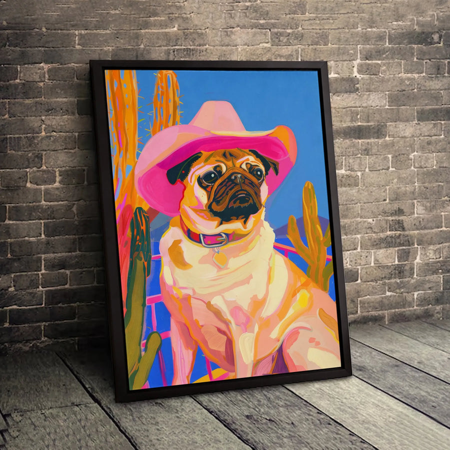 Pug Dog Wall Art | Pink Cowboy Hat Western Decor | Premium Gallery Wrap Canvas | Unique Pet Lover Gift