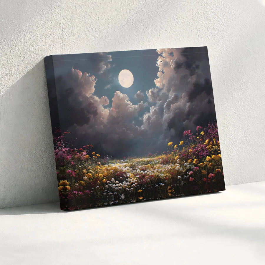 Moonlit Wildflower Meadow Canvas | Moody Floral Landscape Painting | Premium Fade-Resistant Print | Living Room Wall Decor Gift