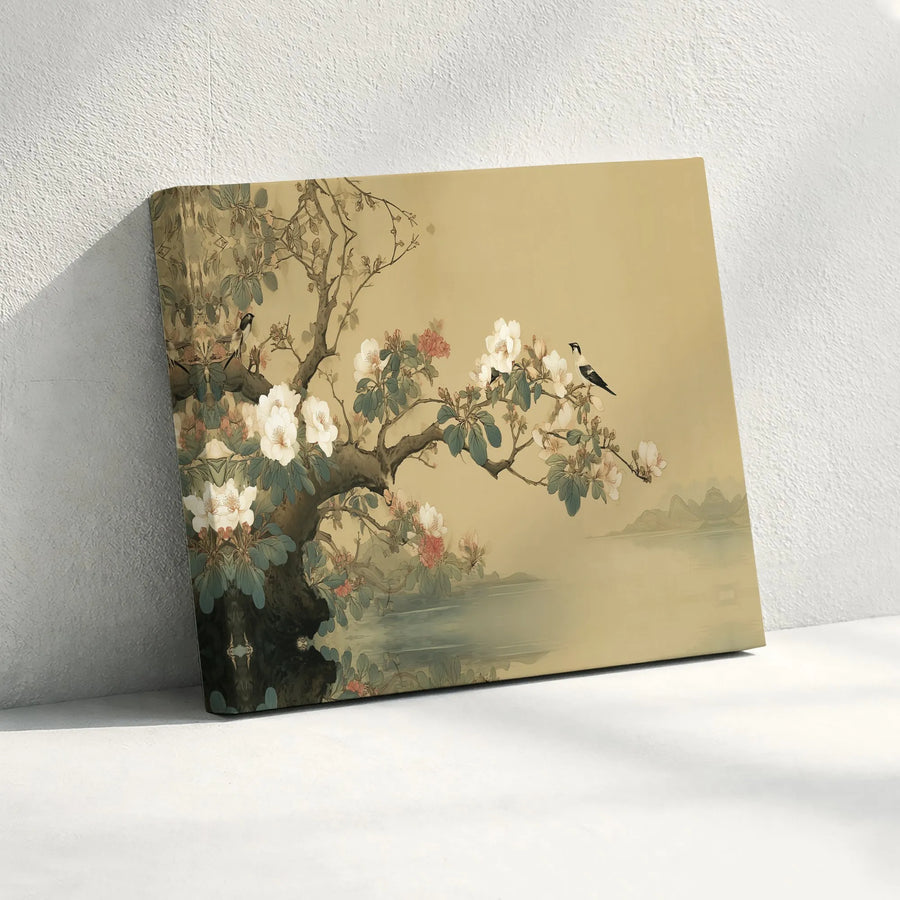 Chinoiserie Wall Art Canvas | Japanese Style Magnolia & Bird Painting | Premium Gallery Quality Print | Elegant Zen Living Room Decor Gift