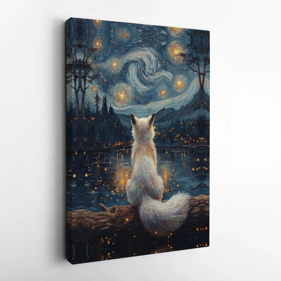 White Fox Canvas Wall Art | Starry Night Impressionist Style | 1.25-Inch Thick Gallery Wrap | Nature Lover Home Decor Gift