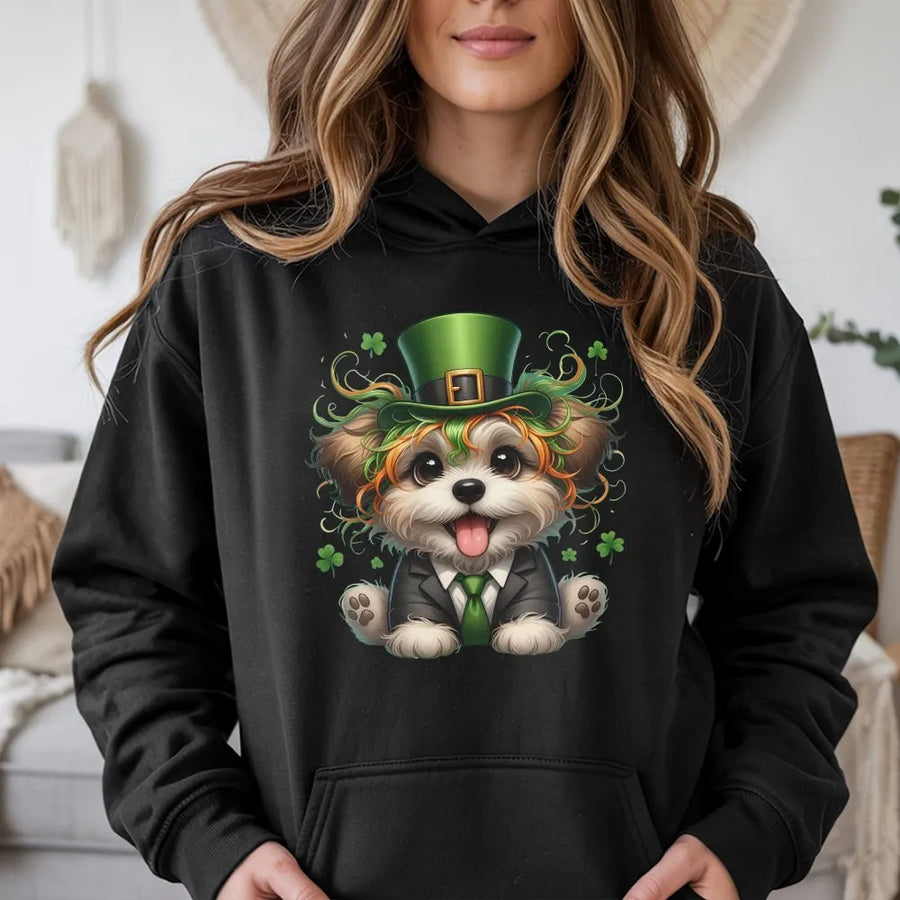 St. Patrick's Day Hoodie | Funny Leprechaun Puppy Graphic | Premium Cotton Blend Sweatshirt | Cute Dog Lover Gift for Him and Her