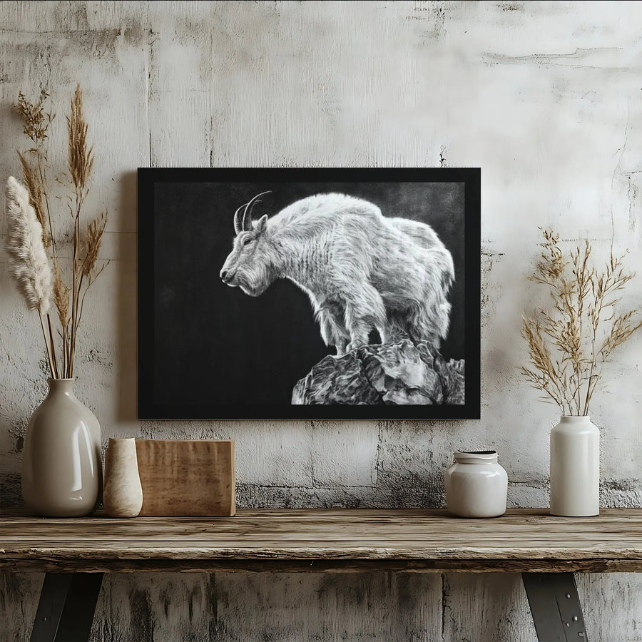Mountain Goat Canvas Print | Realistic Wildlife Charcoal Sketch | 1.25-inch Premium Gallery Profile | Nature Wall Art for Modern Home Decor