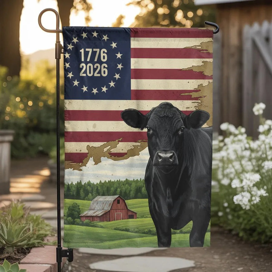 Patriotic Black Angus Cow Garden Flag | 1776-2026 Vintage Farm Scene | Double Sided Premium Polyester | Gift for Farmer & Rancher