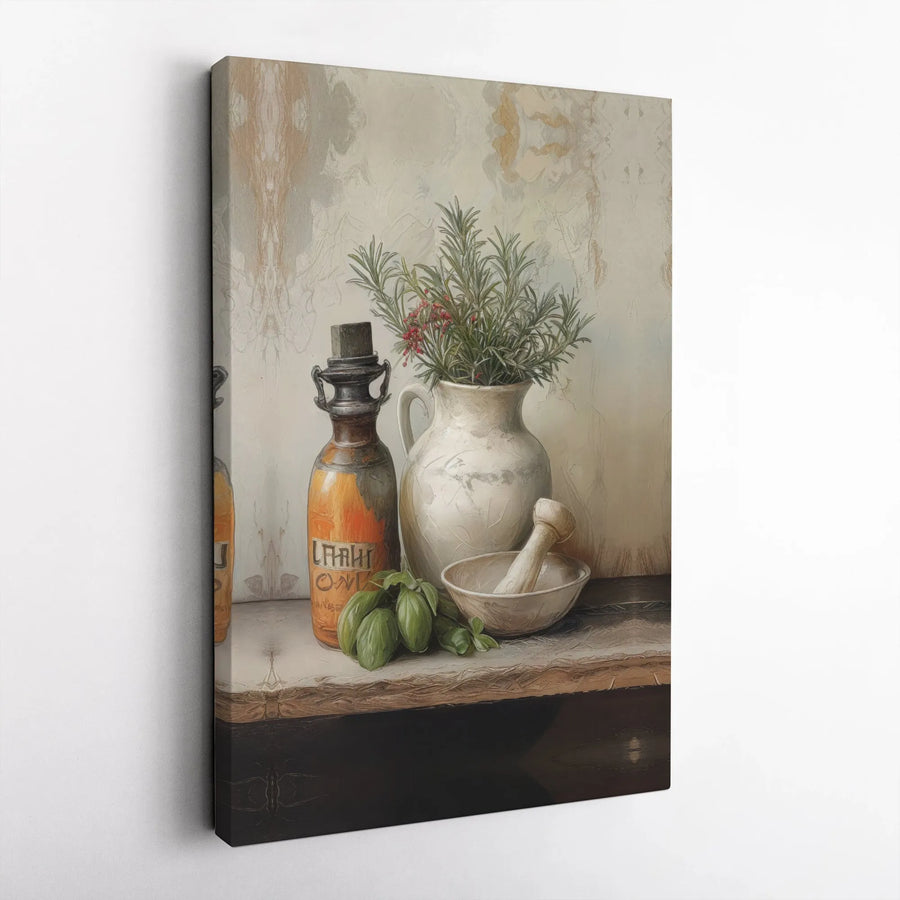 Vintage Apothecary Still Life Canvas | Herbal Kitchen Wall Art | Premium Gallery Wrapped Decor | Gift for Chef or Herb Enthusiast