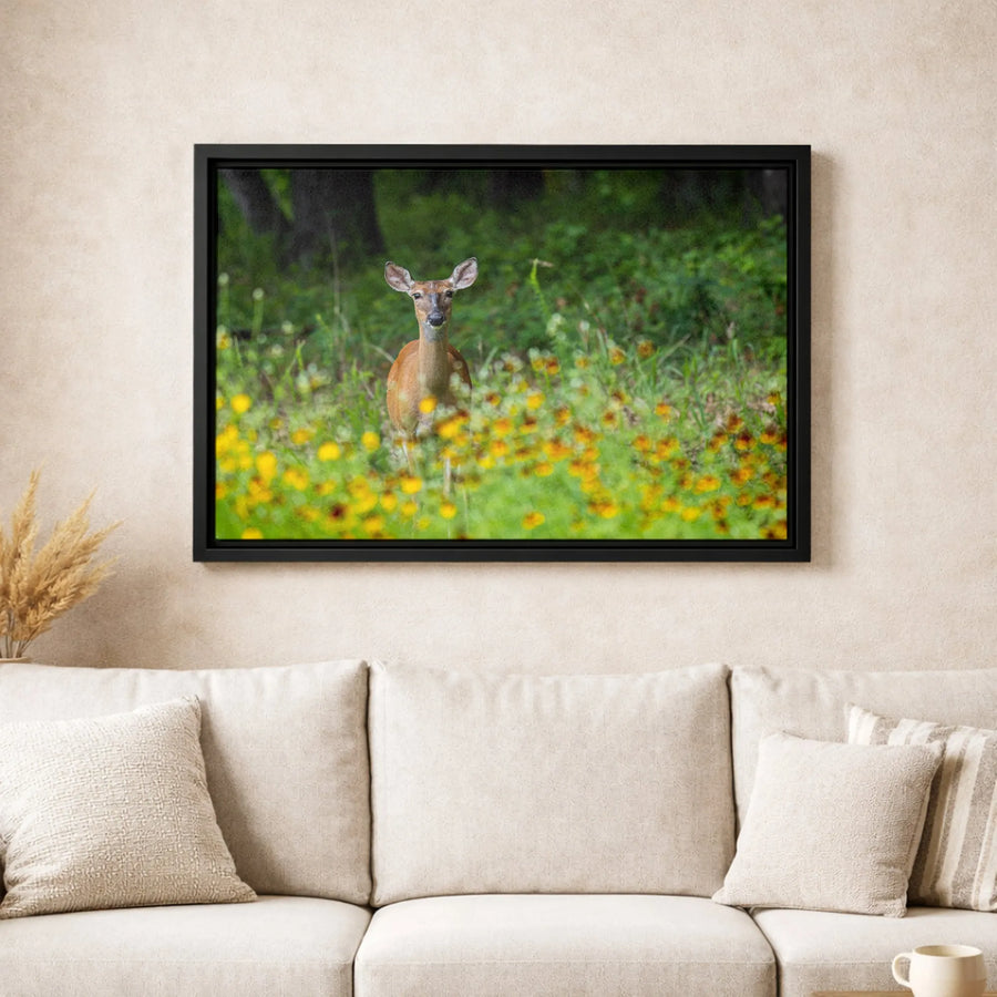 Whitetail Deer Canvas Wall Art | Yellow Wildflowers Meadow Photography | Premium Gallery-Wrapped Print | Wildlife Nature Home Decor Gift