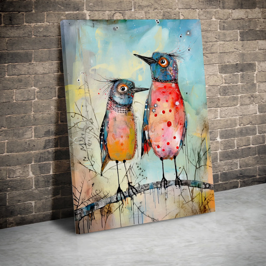 Abstract Bird Canvas Wall Art | Whimsical Two Birds Painting Print | Premium Gallery Canvas | Modern Living Room Decor Gift