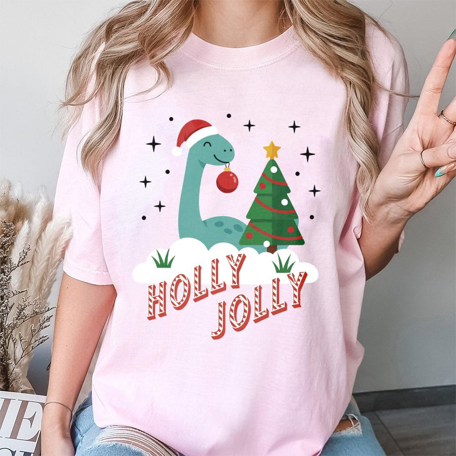 Holly Jolly Dinosaur Christmas T-Shirt | Cute Festive Dino Holiday Graphic Tee | Premium 100% Cotton | Unisex Gift for Family Matching Vacation