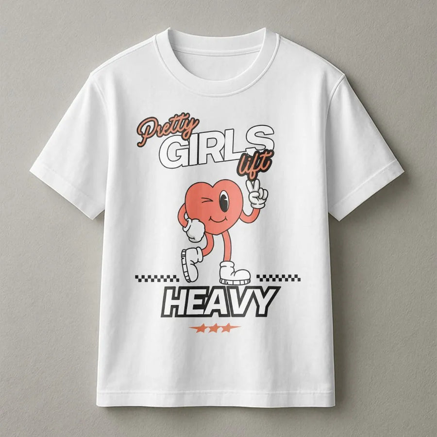 Pretty Girls Lift Heavy T-Shirt | Retro Cartoon Heart Graphic | Soft Breathable Cotton | Funny Workout Gift for Women