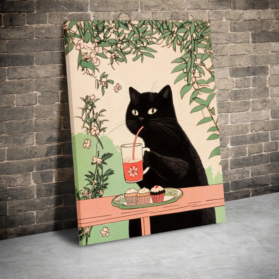 Black Cat Wall Art | Vintage Japanese Ukiyo-e Style Illustration | Premium Gallery-Wrapped Canvas | Cute Animal Kitchen Decor Gift