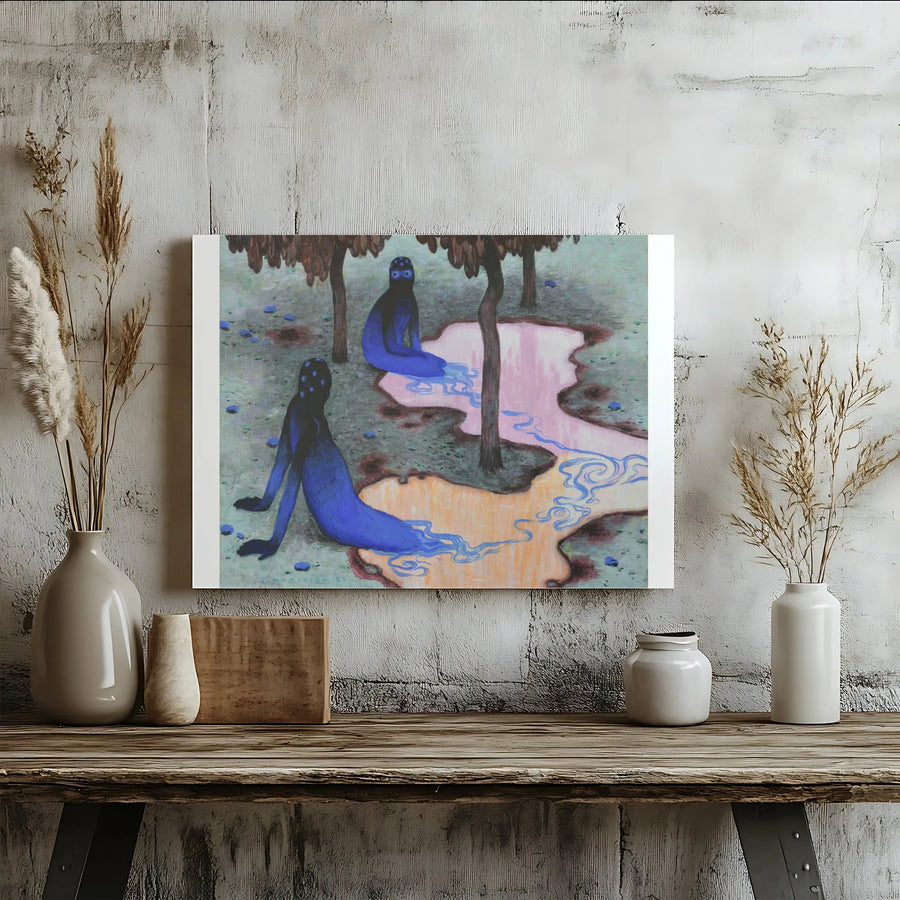 Surreal Blue Figure Canvas Wall Art | Whimsical Abstract River Painting | Premium Gallery Wrap Print | Unique Home Decor for Art Lovers
