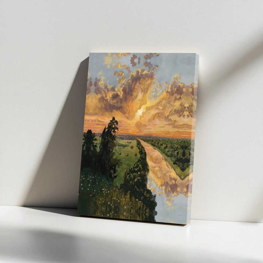 Golden Sunset River Canvas Art | Impressionist Landscape Painting Print | Premium Gallery Wrap Wall Decor | Gift for Nature Lover