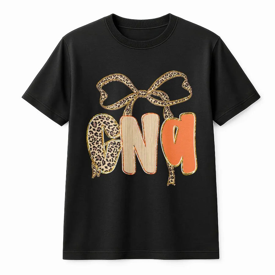 CNA T-Shirt | Leopard Print Bow Aesthetic Design | Premium Cotton Apparel | Cute Nursing Student Gift & Healthcare Worker Apparel