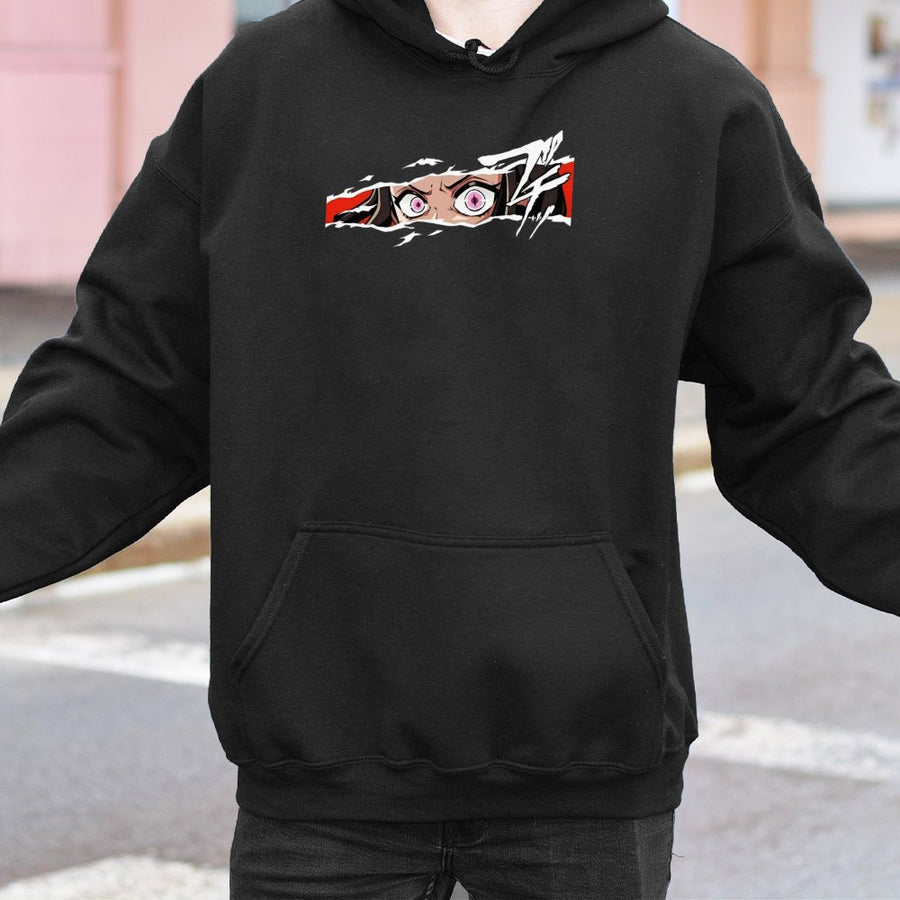 Anime Eye Hoodie | Pink Eyes Peeking Through Torn Graphic | Cotton-Blend Premium Pullover | Gift for Anime Fans & Otaku Lovers