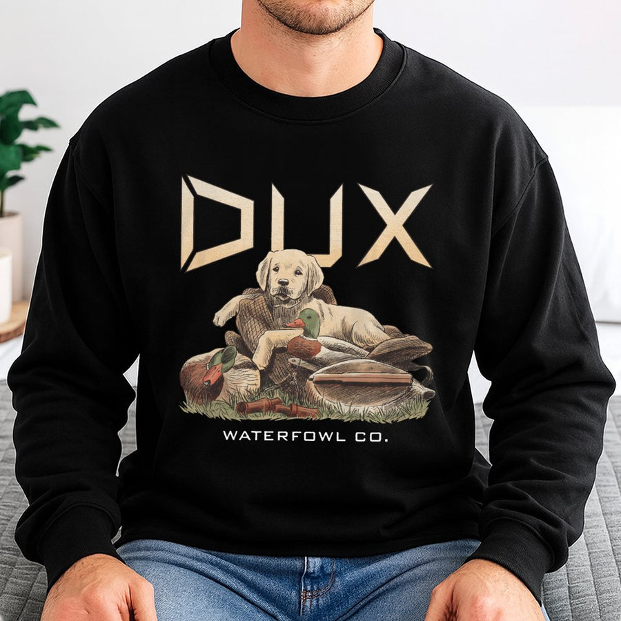 Dux Waterfowl Sweatshirt | Vintage Labrador Retriever Hunting Graphic | Soft Cotton Blend | Gift For Outdoorsmen & Duck Hunters