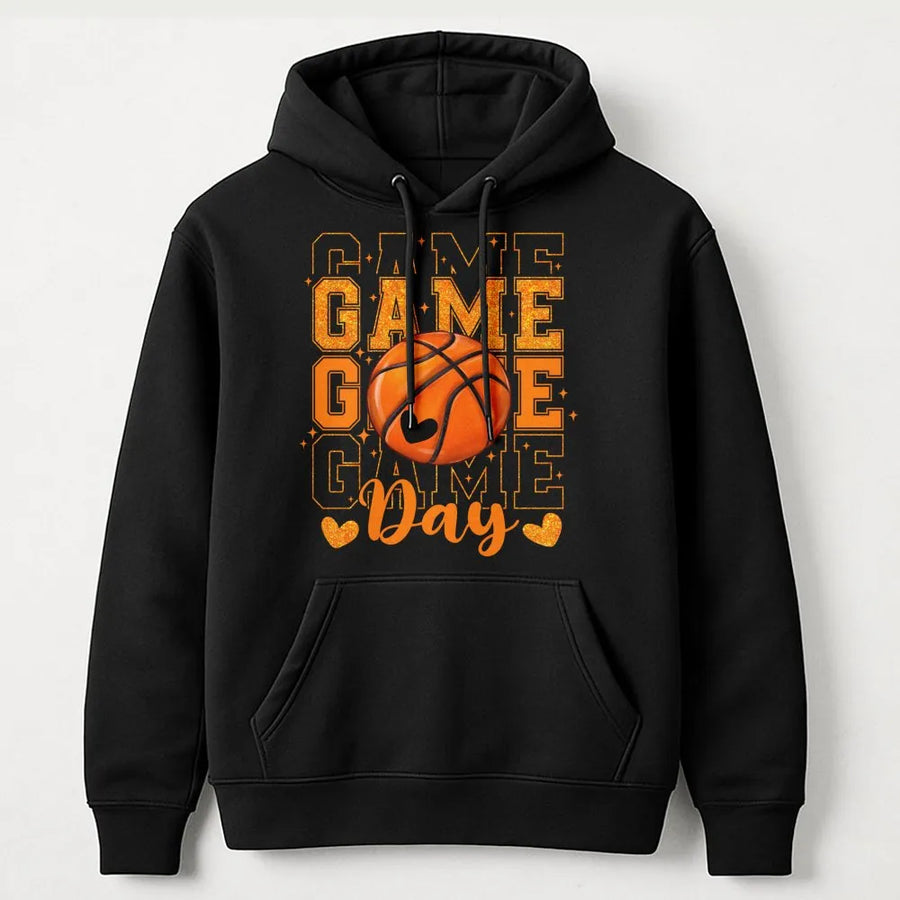 Basketball Game Day Hoodie | Glitter Basketball Graphic Print | Soft Cotton-Polyester Blend | Trendy Sports Mom Gift For Basketball Fans