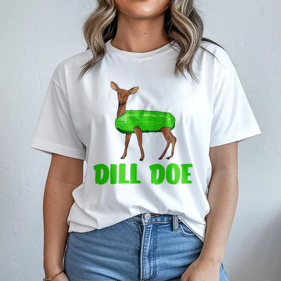 Dill Doe Funny Pickle Deer T-Shirt | Pun Humor Graphic Tee | Premium 100% Cotton Soft Fabric | Quirky Gift for Foodies and Nature Lovers