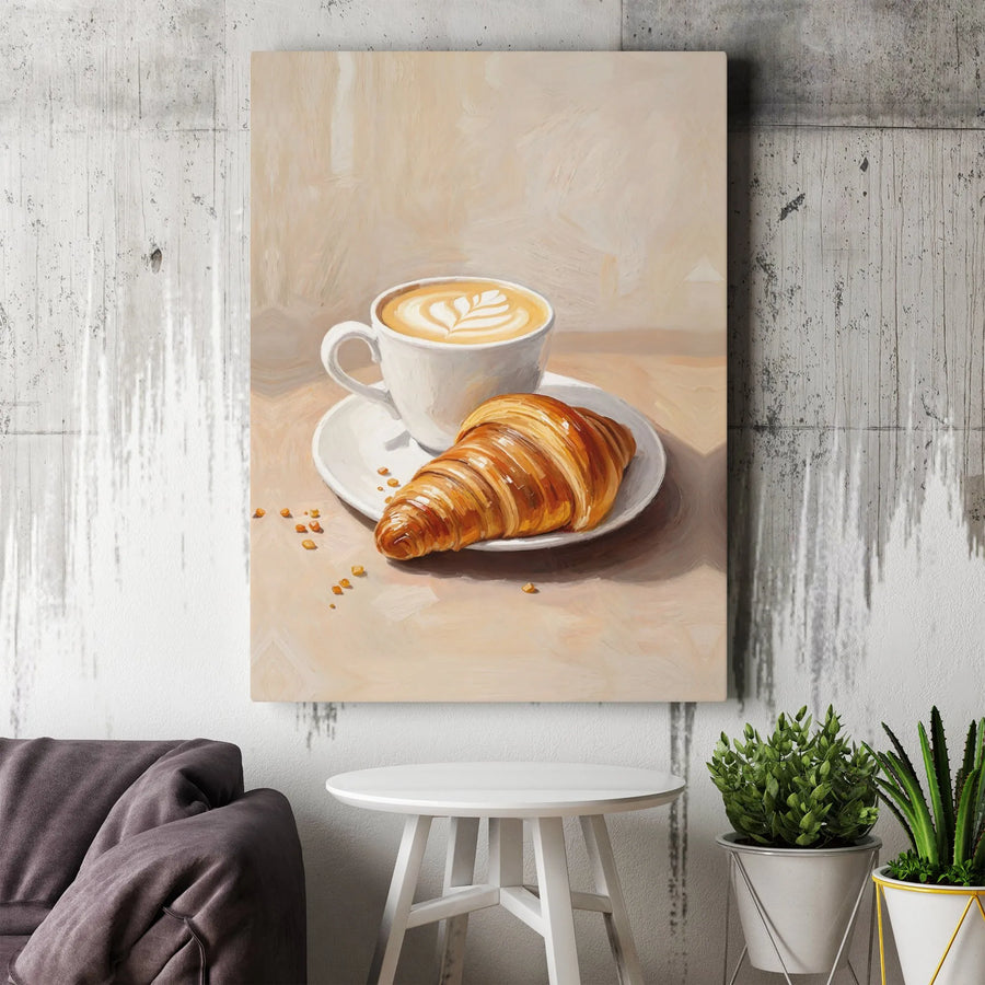 Coffee and Croissant Canvas Wall Art | Latte Art Breakfast Still Life Painting | Premium Gallery-Wrapped Print | Kitchen and Cafe Decor