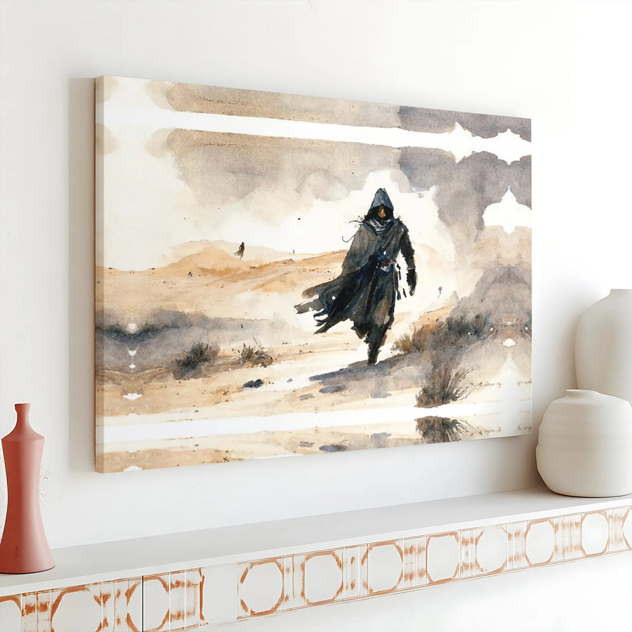 Desert Wanderer Wall Art | Watercolor Hooded Figure Print | Premium Gallery Wrap Canvas | Mystery Fantasy Home Decor Gift