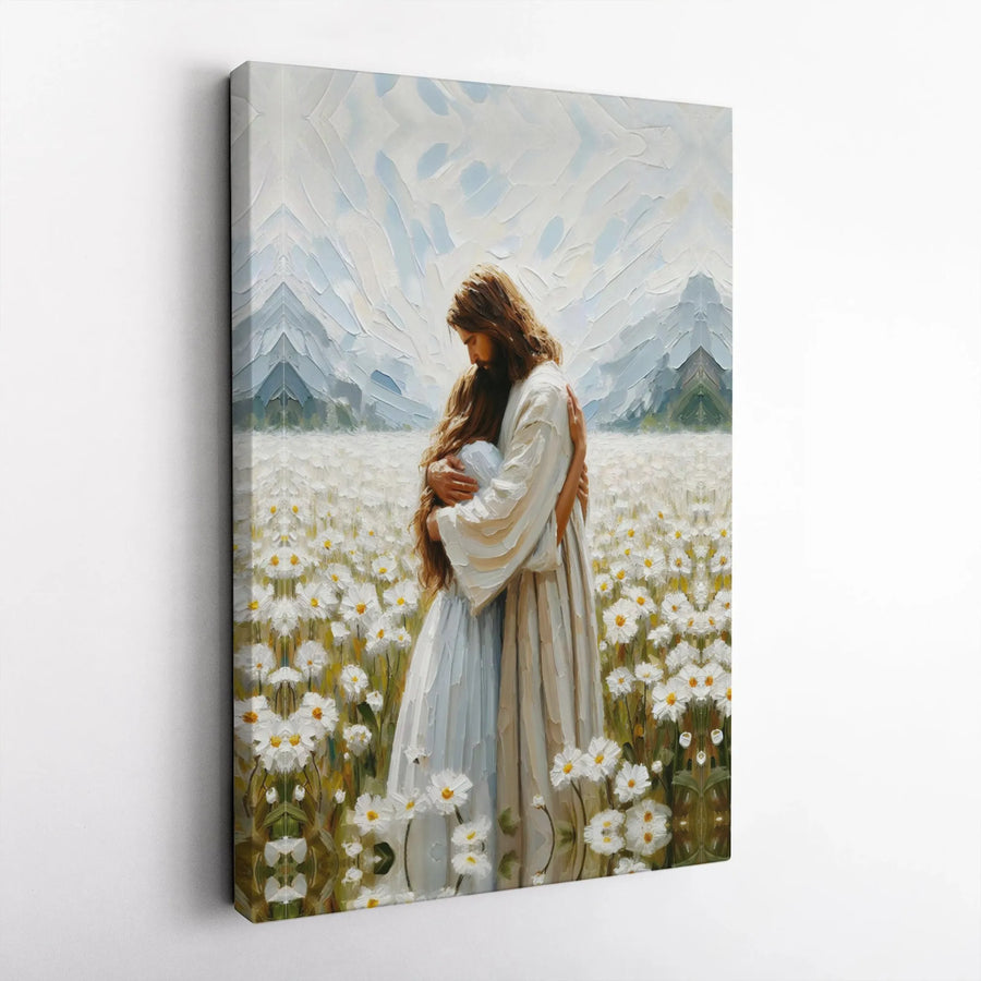 Jesus Embracing Woman Wall Art | Impressionist Daisy Field Painting | Premium Gallery Canvas | Religious Christian Home Decor Gift
