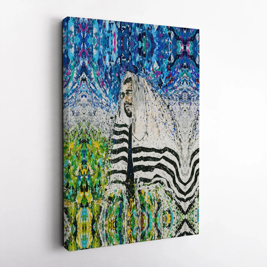 Jewish Prayer Abstract Art Vertical Canvas | Colorful Tallit & Tefillin Expressionist Portrait | Premium 1.25 Inch Gallery Wrap | Spiritual Judaica Gift for Home Office Decor