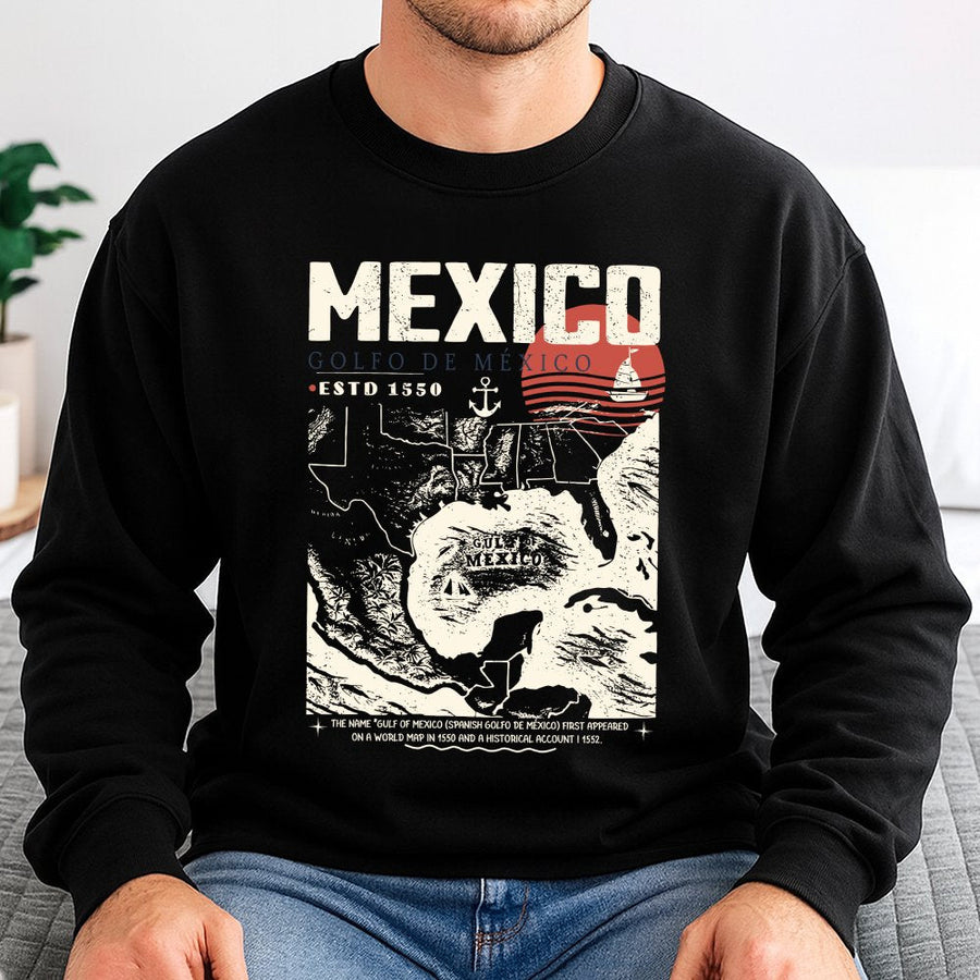 Mexico Map Sweatshirt | Vintage Gulf of Mexico Nautical Graphic | Cotton Blend Premium Crewneck | Travel Souvenir Gift for Him Her