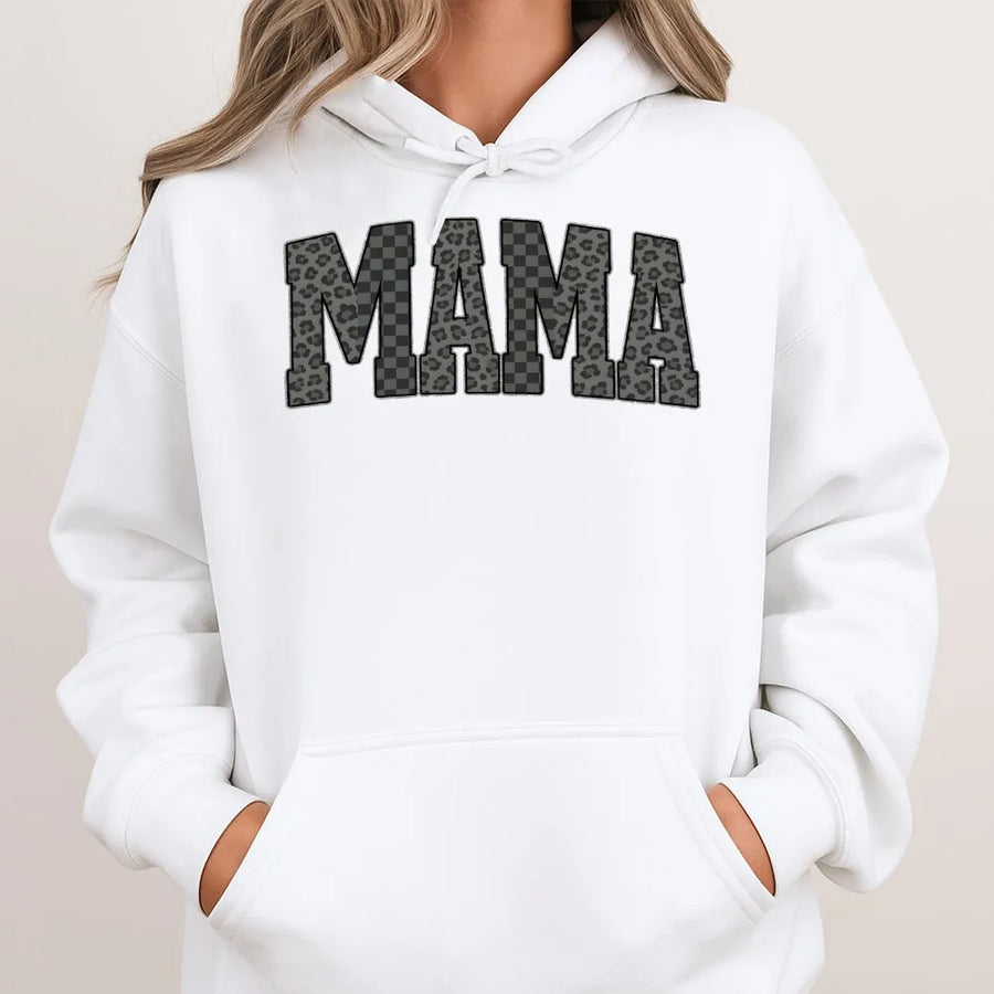Mama Hoodie | Leopard Print Checkerboard Typography | Premium Cotton Blend | Gift For New Mom Trendy Motherhood Apparel