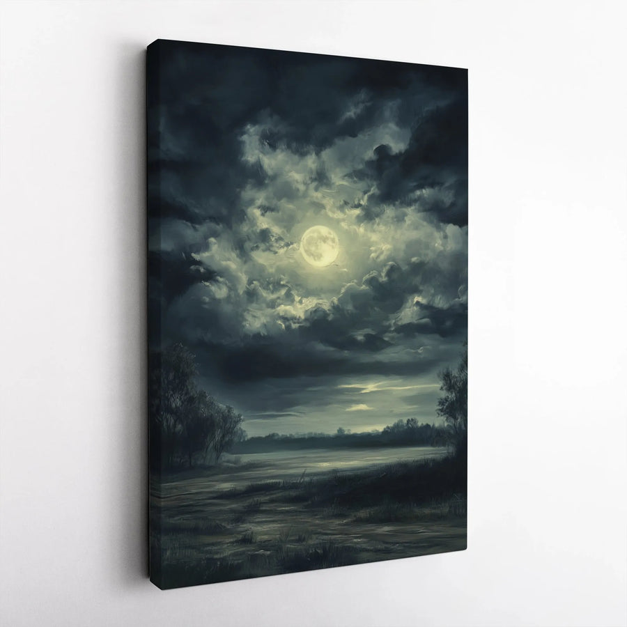 Moody Moonlit Landscape Canvas | Dark Night Cloud Reflection Wall Art | Premium Gallery-Wrapped Print | Modern Atmospheric Home Decor