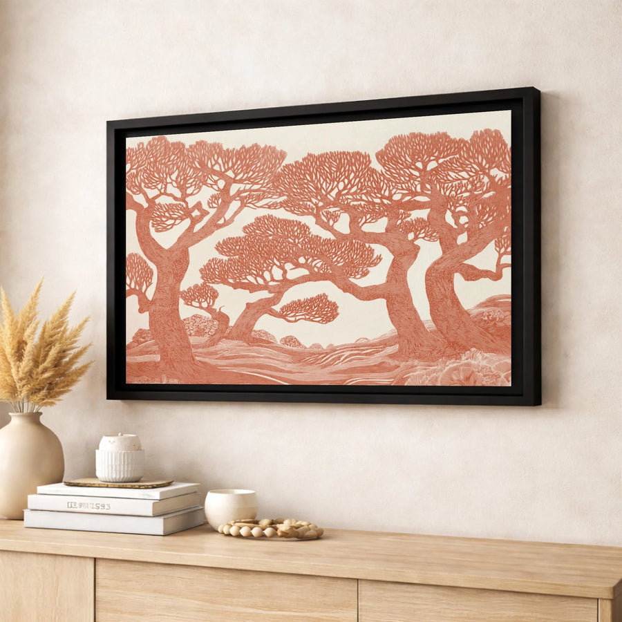 Terracotta Tree Landscape Canvas Art | Modern Linocut Style Forest Wall Decor | Premium 1.25-Inch Gallery Wrap | Bohemian Home Office Gift
