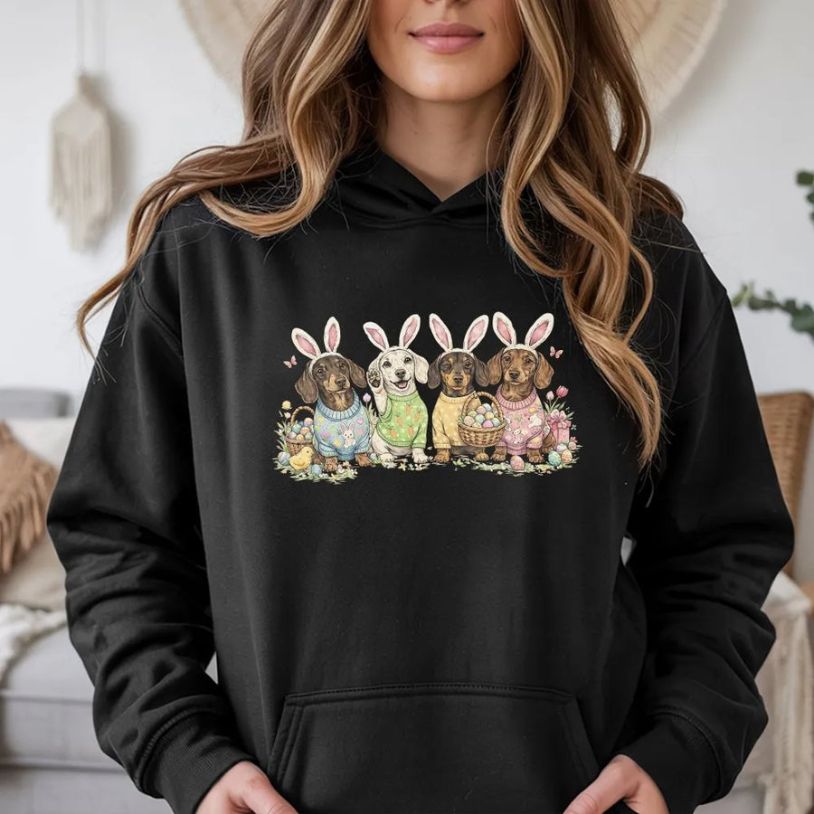 Dachshund Easter Hoodie | Cute Weiner Dog with Bunny Ears Graphic | Premium Cotton Blend Sweatshirt | Unique Gift for Dog Mom and Pet Lovers