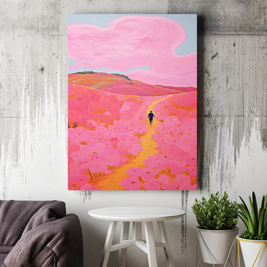 Abstract Floral Landscape Wall Art | Surreal Pink Flower Field Canvas Print | Premium Fade-Resistant Inks | Modern Living Room Statement Decor Gift