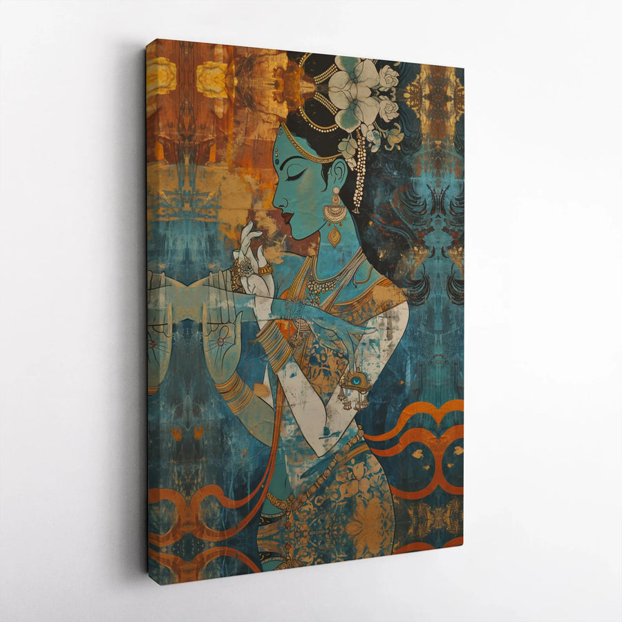 Indian Goddess Canvas Print | Abstract Spiritual Flute Player Art | Premium Gallery Wrapped Canvas | Boho Wall Decor Gift for Meditation Room