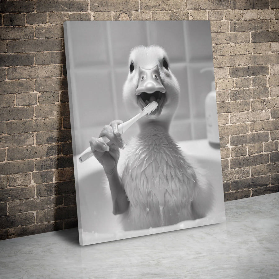 Funny Duckling Brushing Teeth Canvas Art | Whimsical Bathroom Wall Decor | Premium Gallery Wrapped Print | Quirky Animal Portrait Gift for Kids