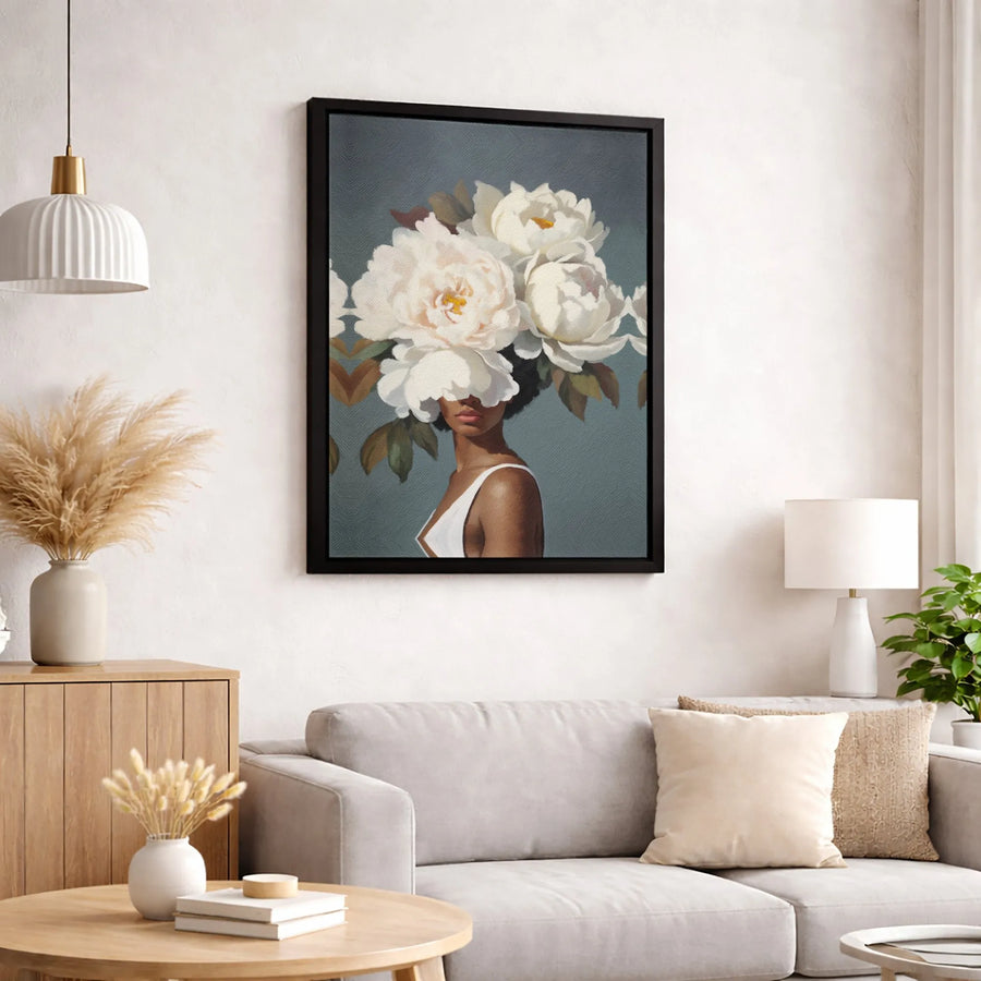 Black Woman Floral Portrait Canvas | White Peony Flower Art Print | Gallery-Quality 1.25" Profile | Modern Aesthetic Home Decor Wall Art
