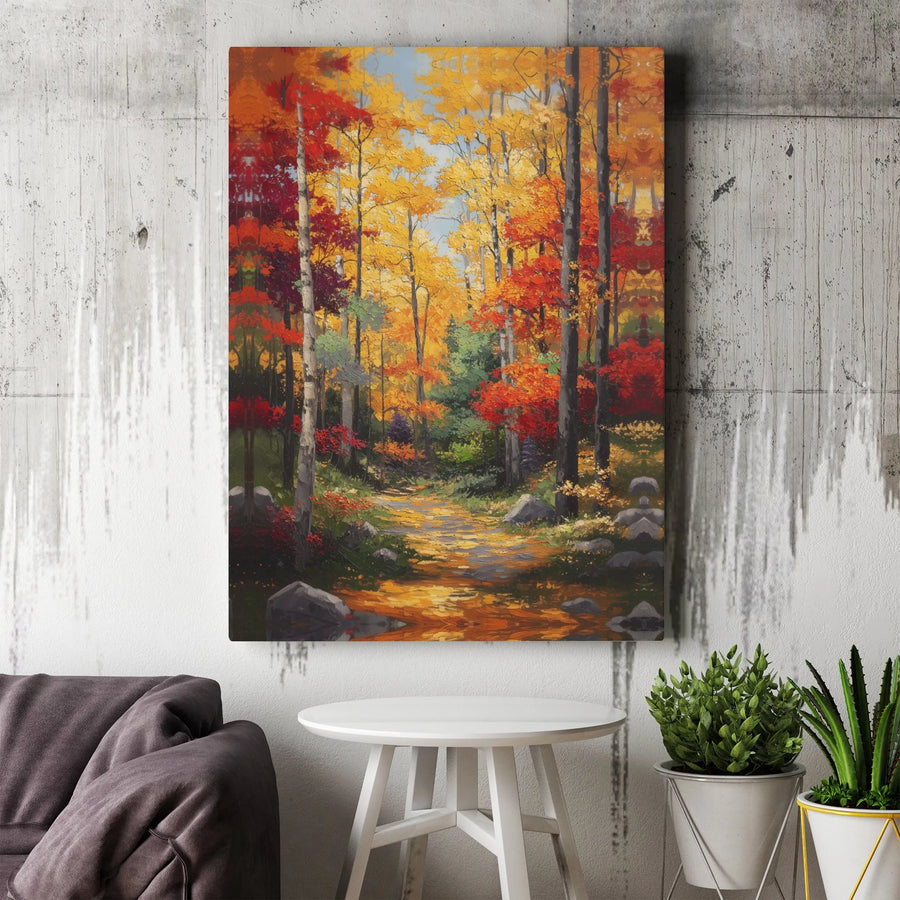 Autumn Forest Canvas Wall Art | Impressionist Fall Path Oil Painting Style | Premium 1.25" Gallery Wrap | Nature Lover Home Decor Gift