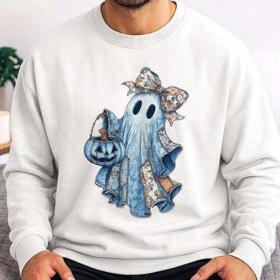 Cute Ghost Sweatshirt | Denim Patchwork Pumpkin Design | Premium Cotton Blend | Aesthetic Halloween Gift For Women And Teens