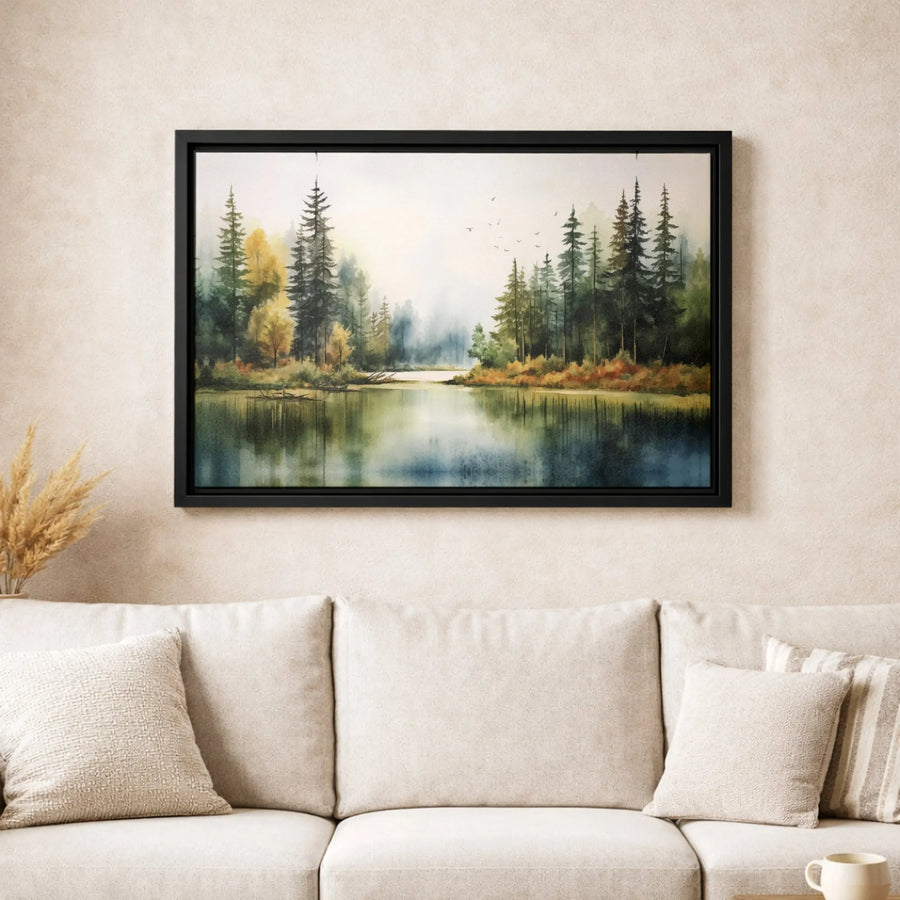 Misty Forest Lake Canvas Art | Watercolor Pine Tree Landscape Print | Gallery Quality 1.25 Inch Profile | Nature Lover Home Decor Gift