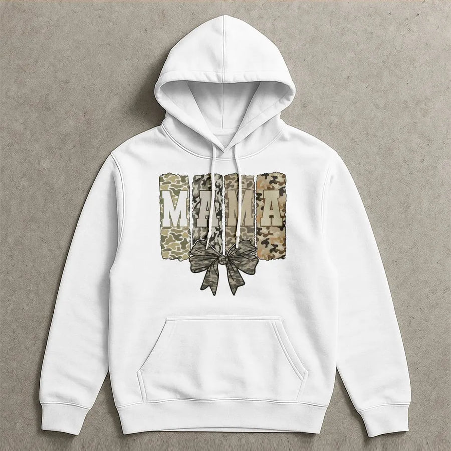 Mama Hoodie with Camo Coquette Bow | Distressed Camouflage Lettering | Premium Cotton Blend | Mother's Day 2026 Gift for Mom Wife Daughter