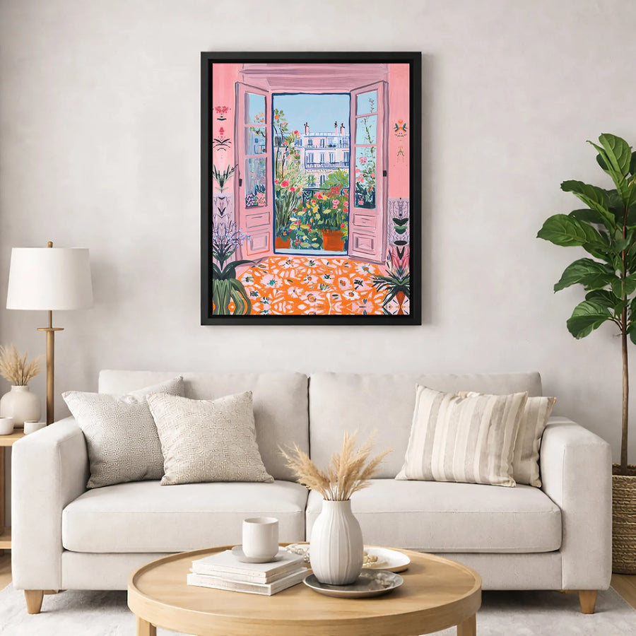 Parisian Balcony Canvas Wall Art | Pink Room Window Garden View | Gallery-Wrapped Premium Decor | Floral Home Aesthetic Gift for Art Lovers