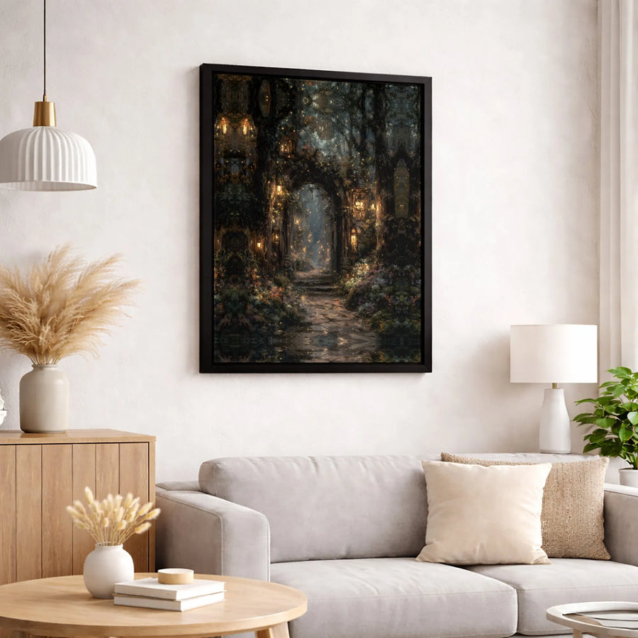 Enchanted Forest Canvas Print | Whimsical Fairy Light Pathway | Premium Gallery-Wrapped Wall Art | Magical Home Decor Gift