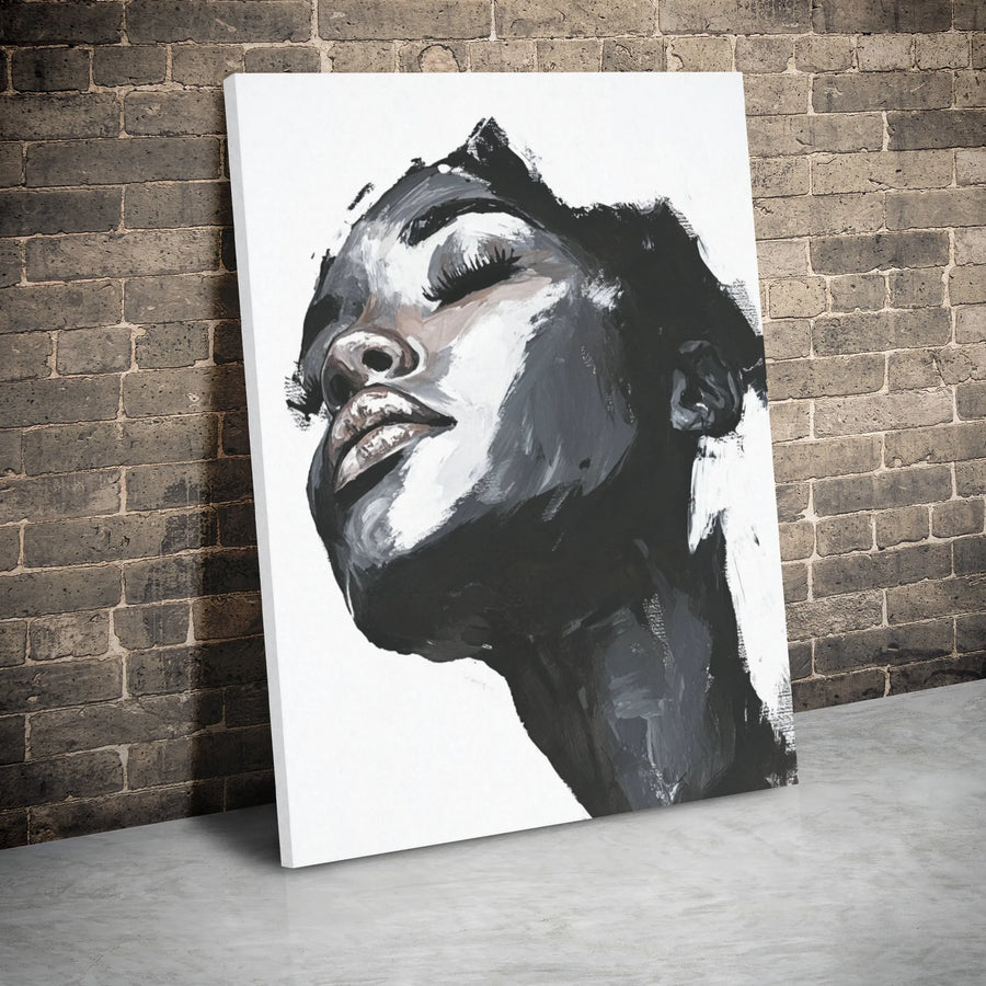 Abstract Black Woman Portrait Canvas | Monochrome Fine Art Print | Gallery-Wrapped Premium Wood Frame | Modern Home Office Wall Decor