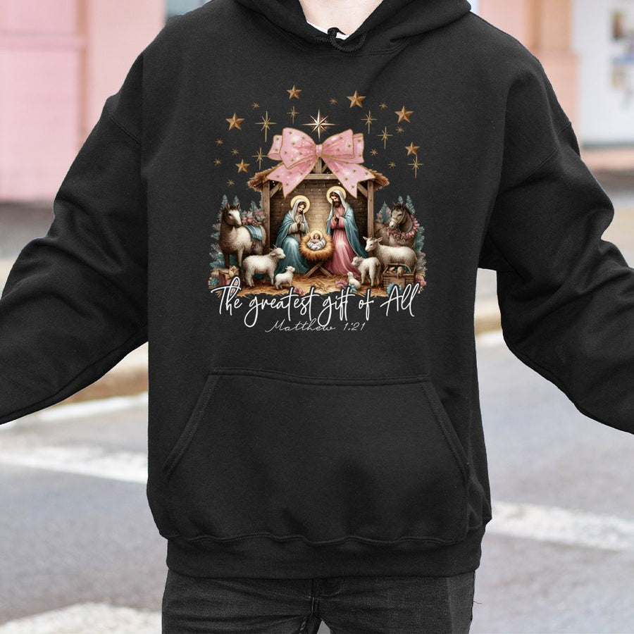 Nativity Scene Christmas Hoodie | The Greatest Gift Of All Graphic | Premium Cotton Blend | Faith-Based Holiday Gift For Men And Women