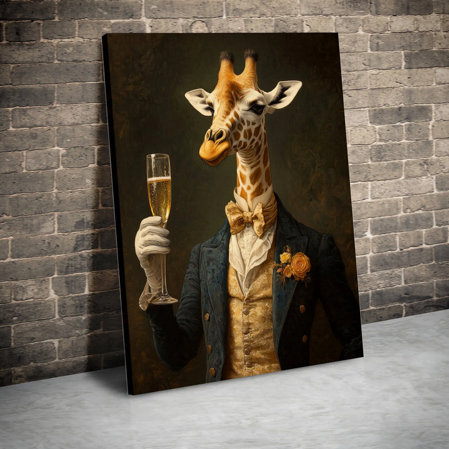 Giraffe In Suit Canvas Wall Art | Dapper Animal Toasting Champagne | Gallery Quality Framed Print | Unique Home Office Decor Gift