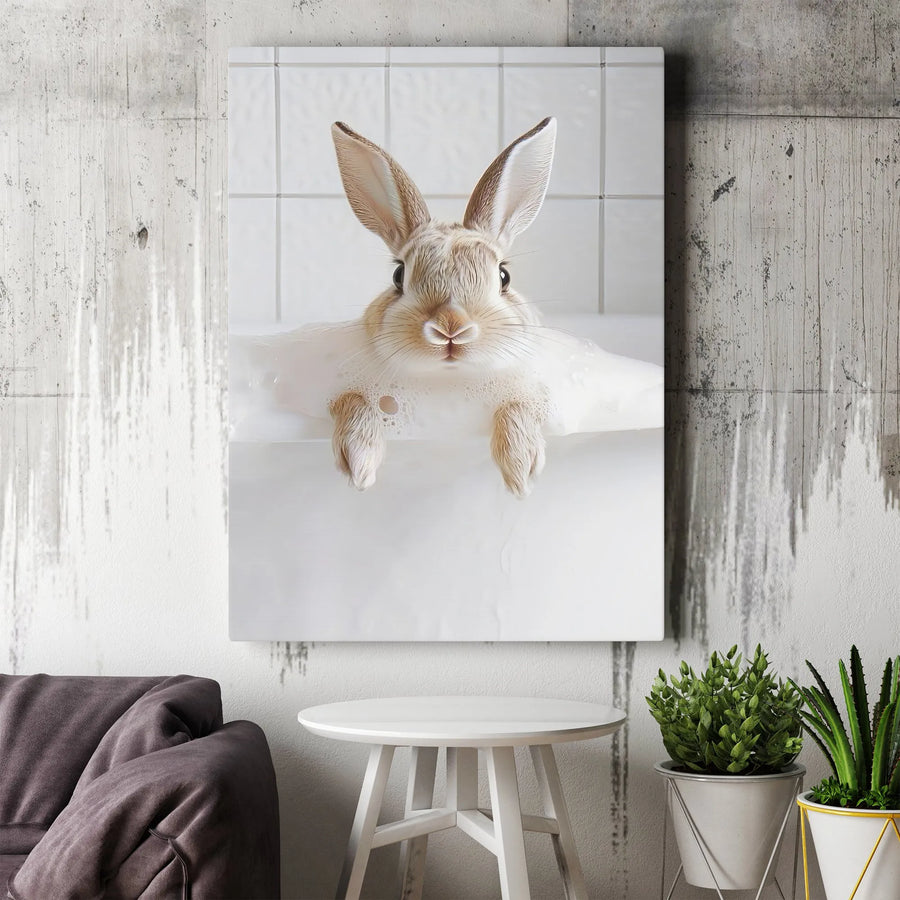 Cute Bunny In Bubble Bath Canvas Wall Art | Whimsical Animal Bathroom Decor | 1.25 Inch Gallery Wrap | Charming Gift for Animal Lovers