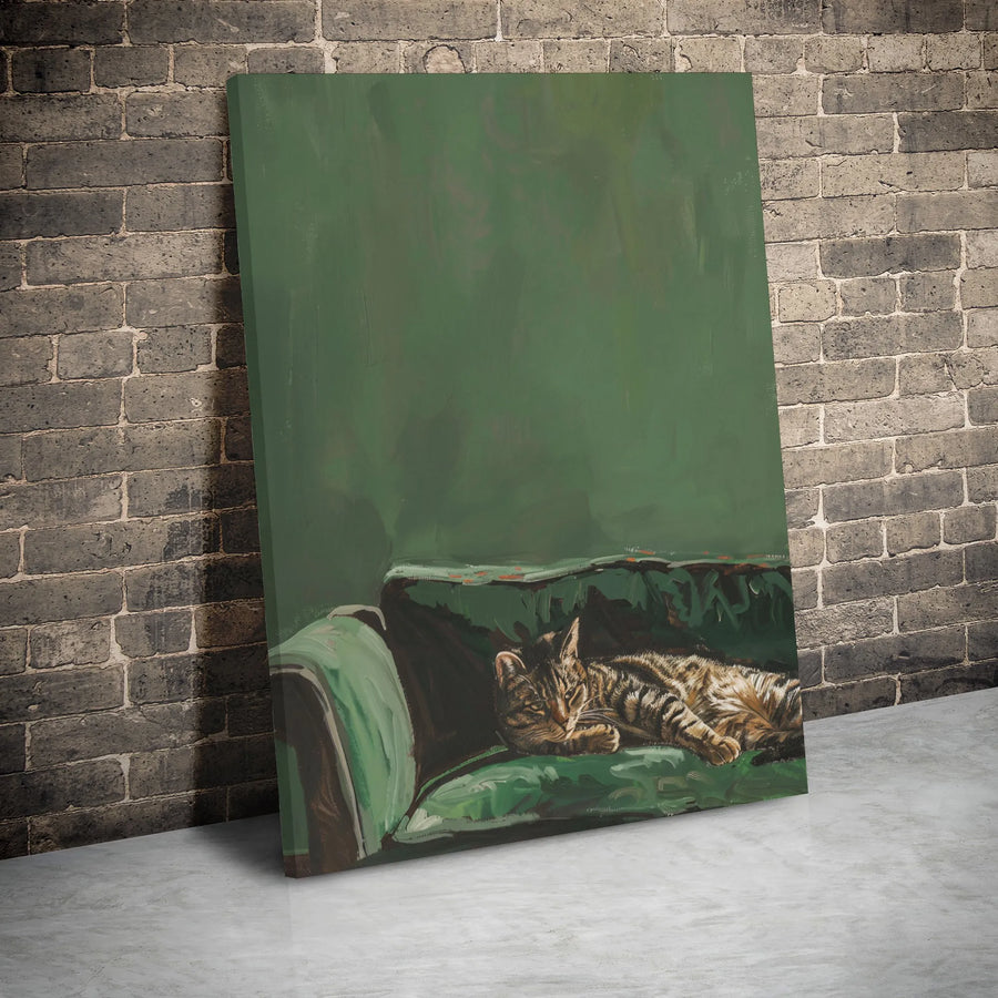 Tabby Cat Wall Art | Impressionist Sleeping Cat On Green Sofa | Premium Gallery Wrapped Canvas | Cozy Home Decor Gift For Cat Lovers